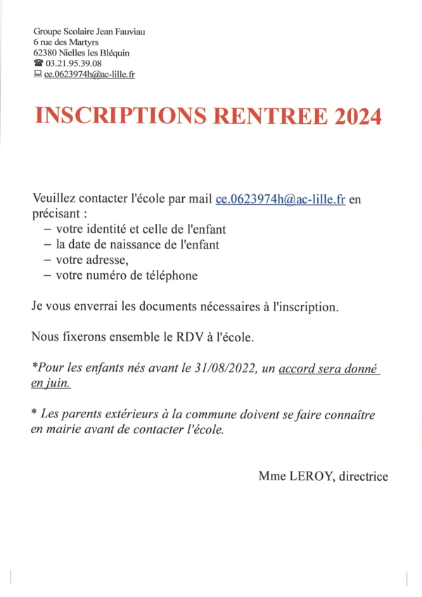 Inscriptions rentrée 2024