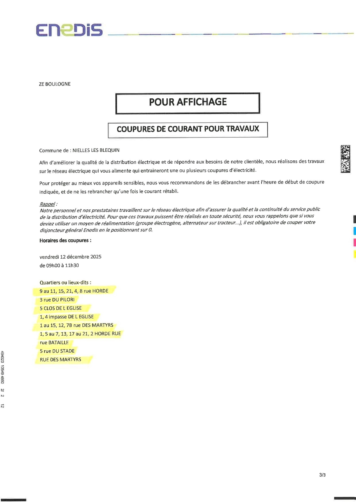 ENEDIS - COUPURE POUR AFFICHAGE