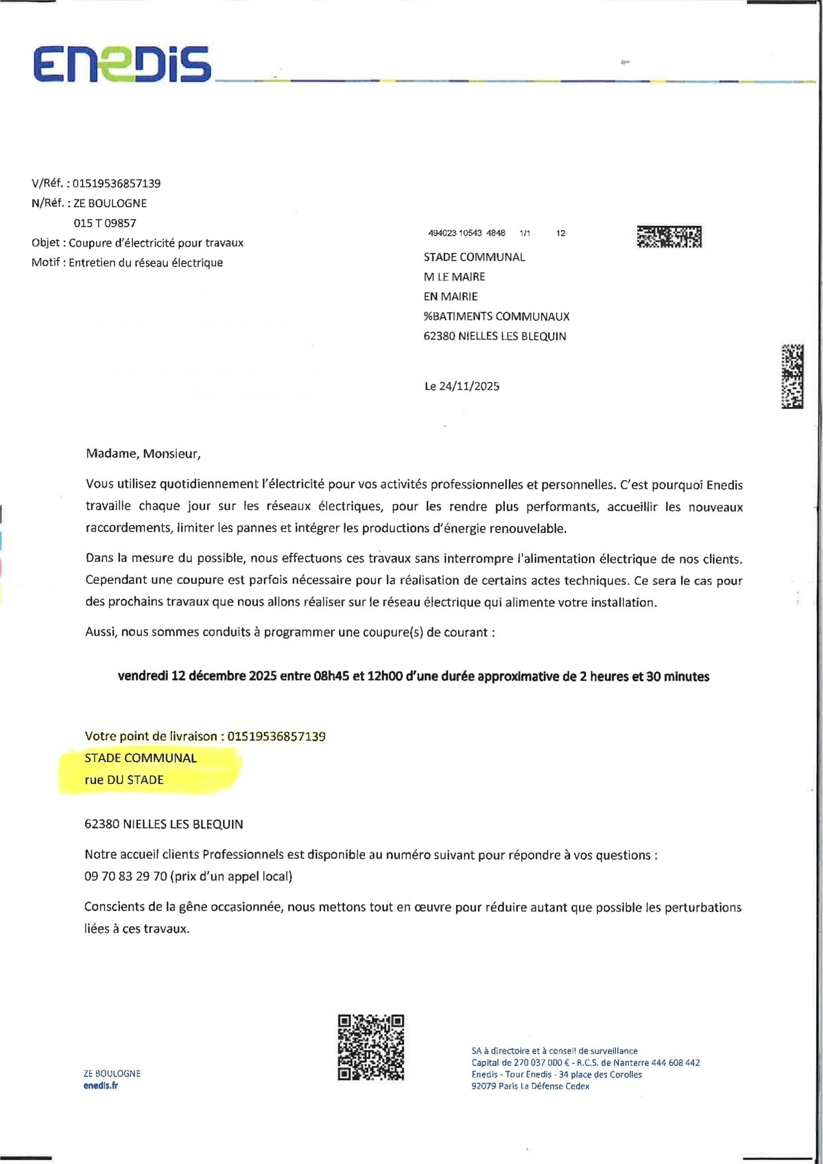 ENEDIS- COUPURE STADE